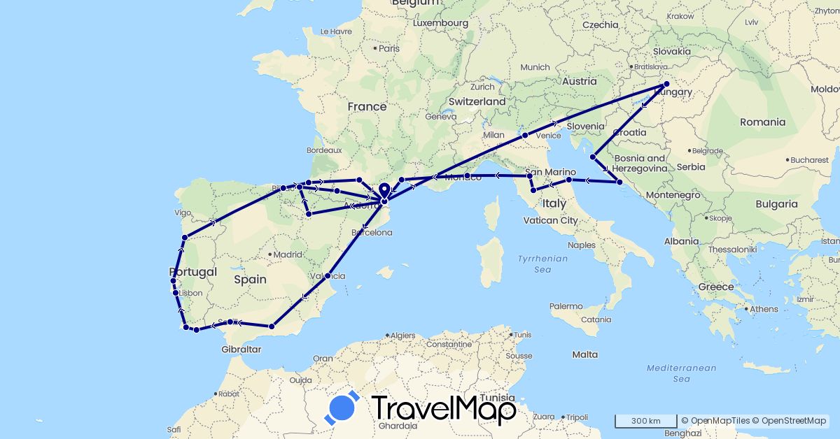 TravelMap itinerary: driving in Spain, France, Croatia, Hungary, Italy, Portugal (Europe)